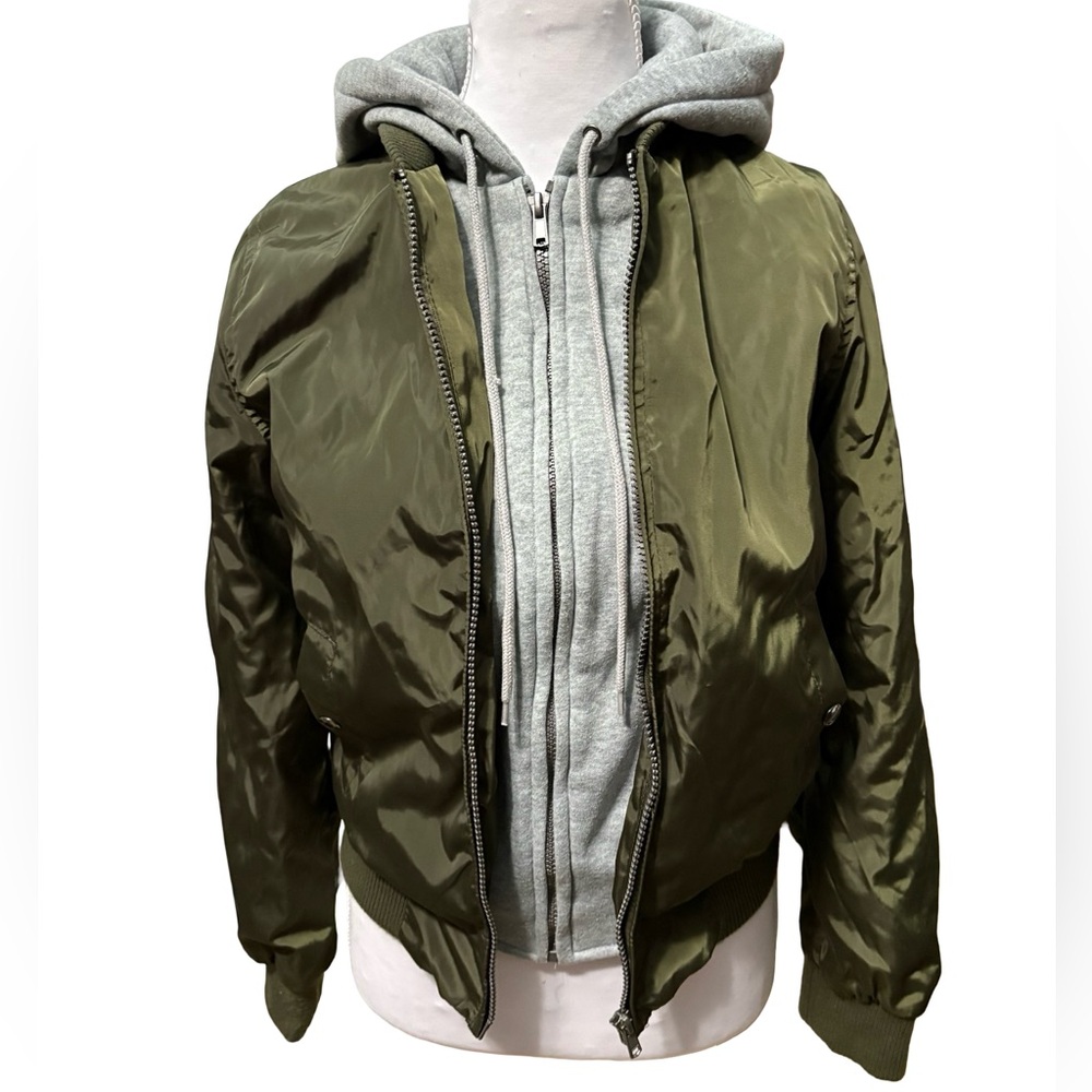 Women’s Olive Green Bomber Jacket with Gray Hoodie and Pockets